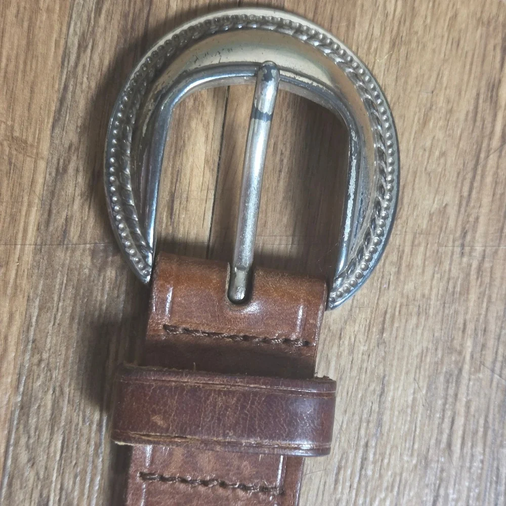 Vintage Brown Leather Western Concho Belt 30 Silver Tone Buckle Festival Boho
